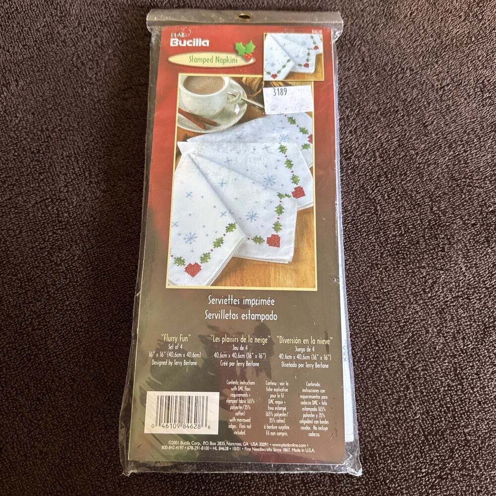 Plaid Bucilla Stamped Embroidery Napkin Set 4 "Flurry Fun" New Sealed